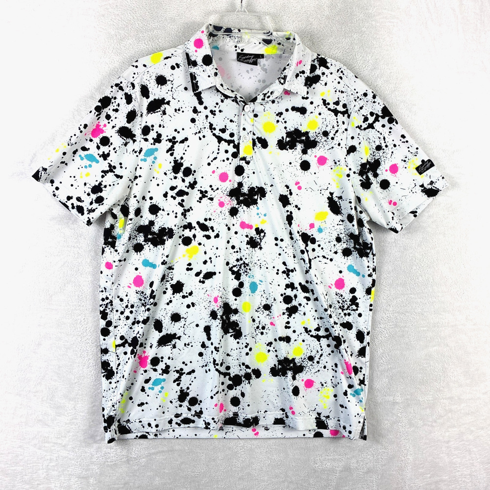 Sunday Swagger Polo Shirt Mens L White Neon Paint Splatter AOP Performance Golf